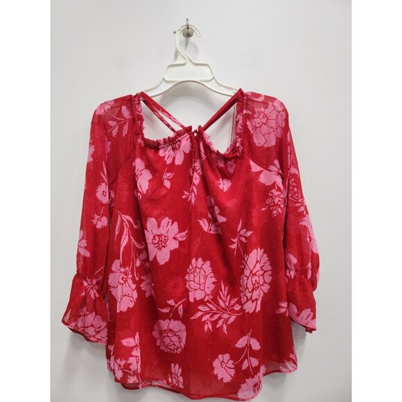 INC International Concepts Womens Top Large Red Floral Chiffon BOHO Bell Sleeve - Picture 10 of 10